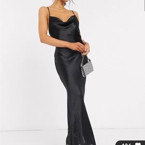 ASOS DESIGN cami maxi slip dress in high shine satin with lace up back in black